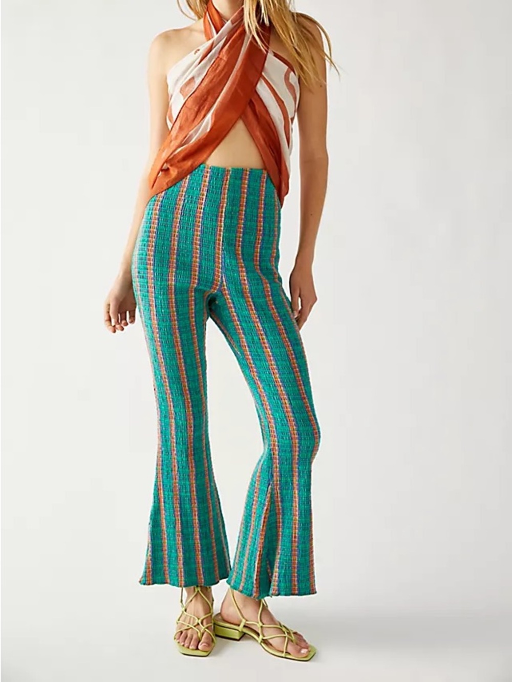 Free People Teal & Pink Striped Knit Flared Pants “Fine Line” medium